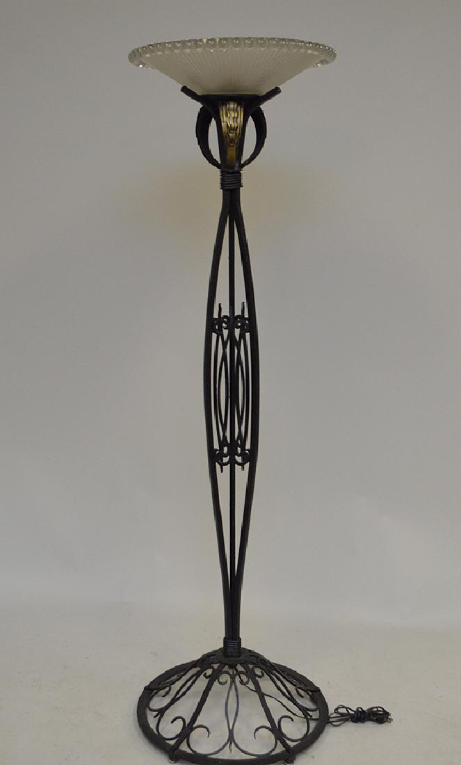 Deco Black iron floor lamp with reeded glass shade,: Deco Black iron floor lamp with reeded glass shade, missing ball off base