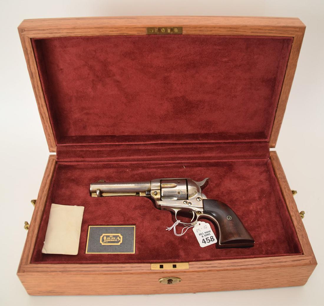 Colt 6-Shooter, Frontier Model, Nickel Receiver, Walnut: Colt 6-Shooter, Frontier Model, Nickel Receiver, Walnut Grip, Loading Door has "9113 inscribed, locking wooden presentation box with key and red velvet lining included, box measurement 16"x8", Gun bar