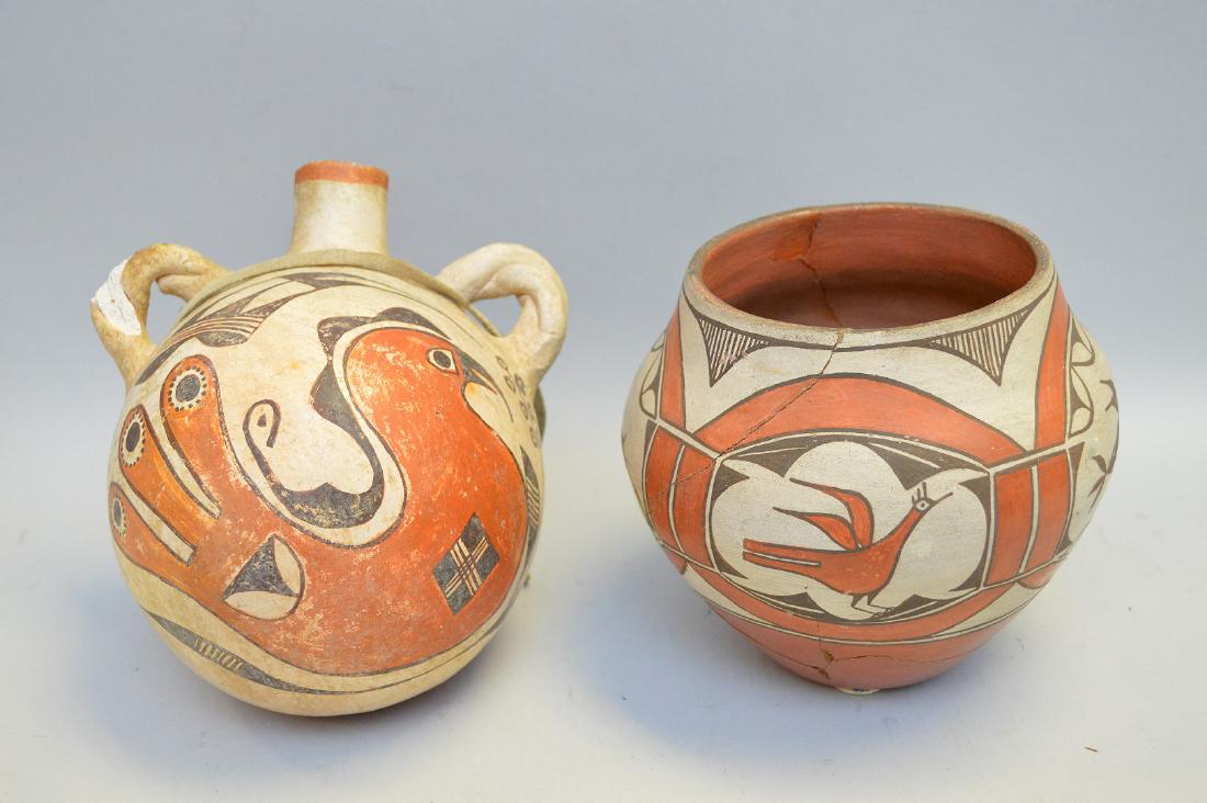 Polychrome Native American Pueblo Pottery Olla & Jug -: Polychrome Native American Pueblo Pottery Olla & Jug - Zia Pueblo Globular Olla w/ four panels of two different bird designs. Possibly early 1900s. Polychrome is orange, white, and brown/black. 7" h x