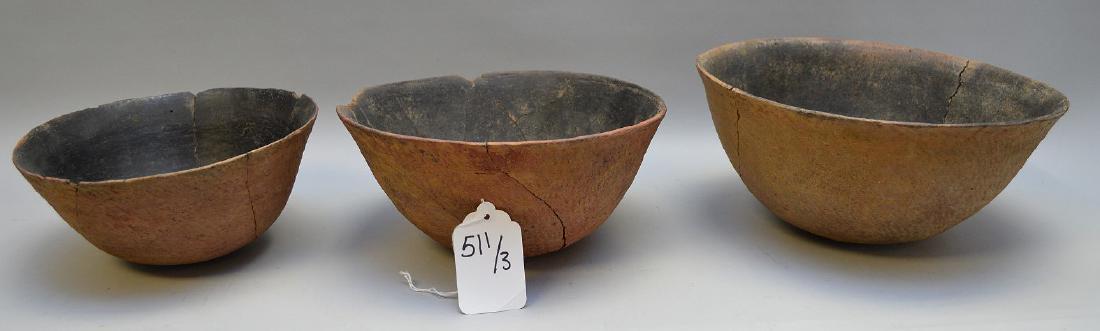 Three Salado Culture Pottery Fingernail Bowls. Tonto: Three Salado Culture Pottery Fingernail Bowls. Tonto Basin, AZ. (ca ~1200 AD) Largest is 11" diameter, smallest 8.75" d. Black slip on interior, red slipped exterior has figernail incision. Condition: