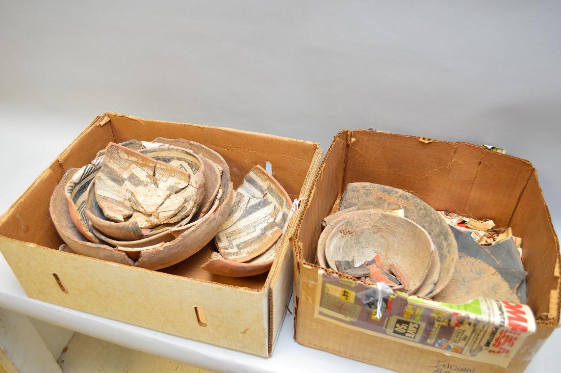 Fractured Anasazi Gila Polychrome & Salado Pottery: Fractured Anasazi Gila Polychrome & Salado Pottery Bowls - Southwest US (ca ~ 800 AD - 1400 AD). Largest bowl 11.5" dia; smallest 6.25" dia. Lot includes broken pieces of at least nine bowls. Three ar