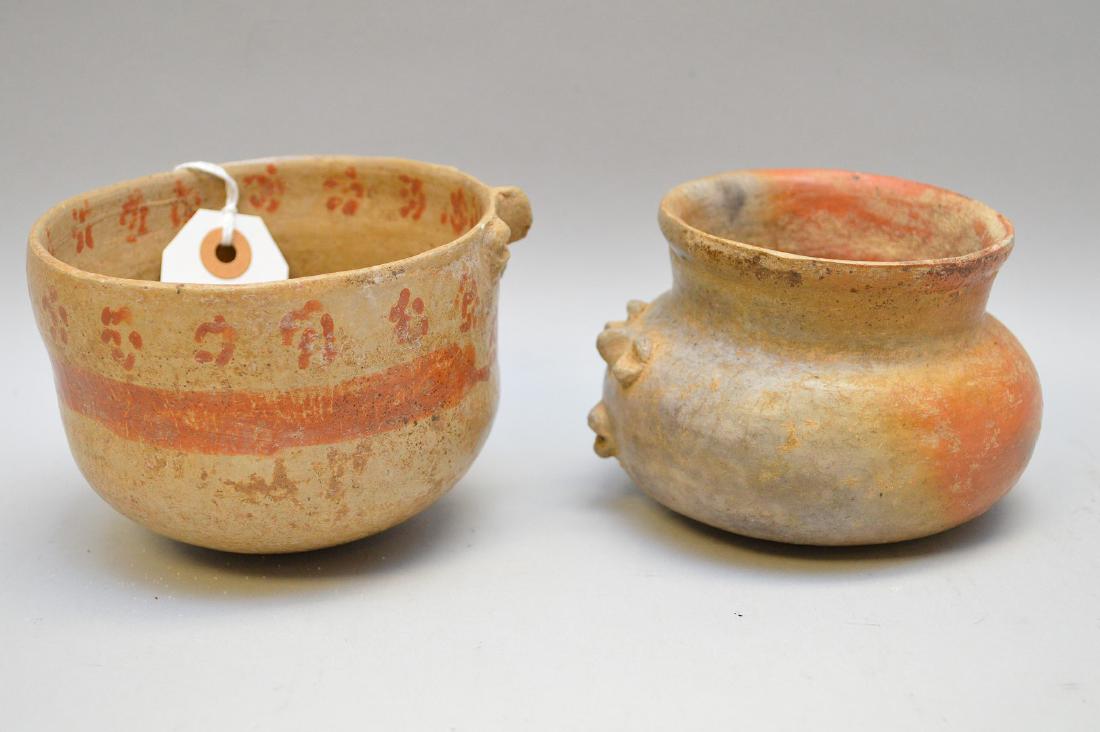 Pre-Columbian Bichrome Effigy Pottery Bowl & Olla: Pre-Columbian Bichrome Effigy Pottery Bowl & Olla Central America. Bird & human faces with coffee bean eyes. High walled w/ rounded bottom bowl: 4.5" dia x 3.5" h. Buff slip with orange exterior band 