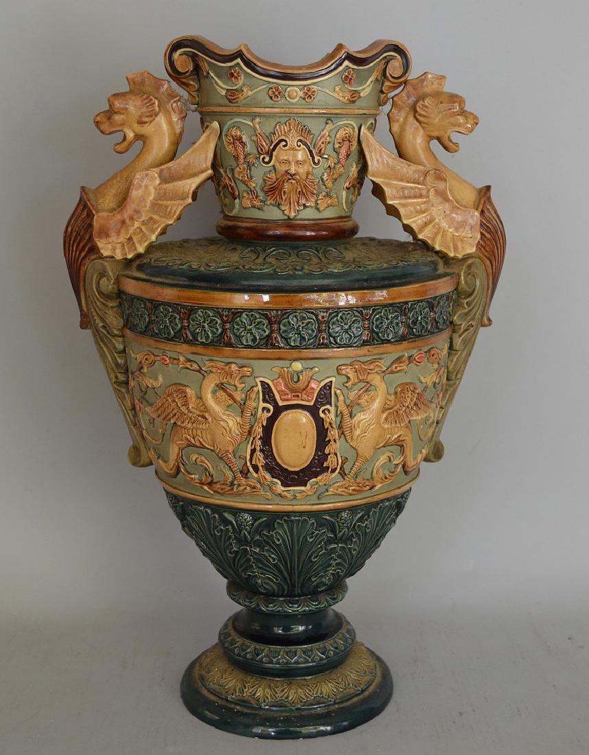 19th Century Majolica Vase with Griffin handles. (1 of 8)