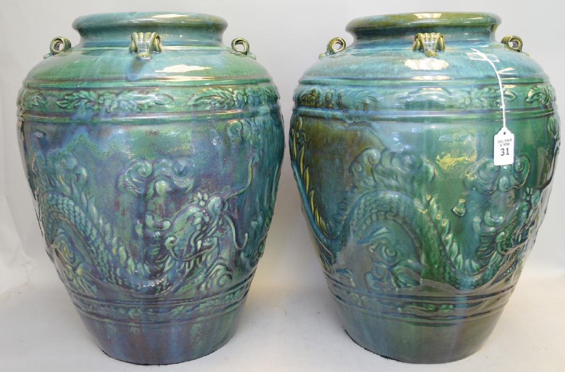 Pair of Large Asian Glazed Pottery Pots Dragon Theme - (1 of 5)