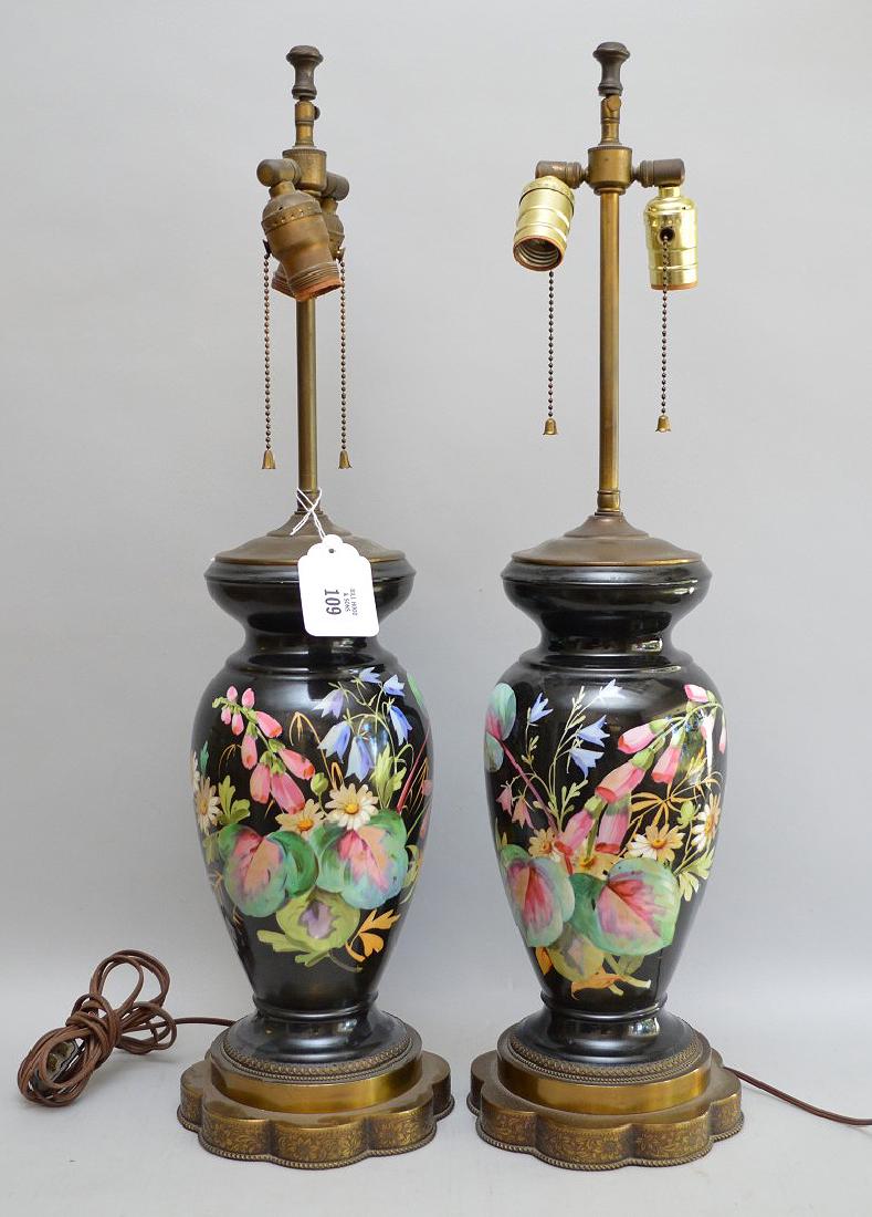 Pair porcelain hand painted lamps, 15"h to top of (1 of 4)