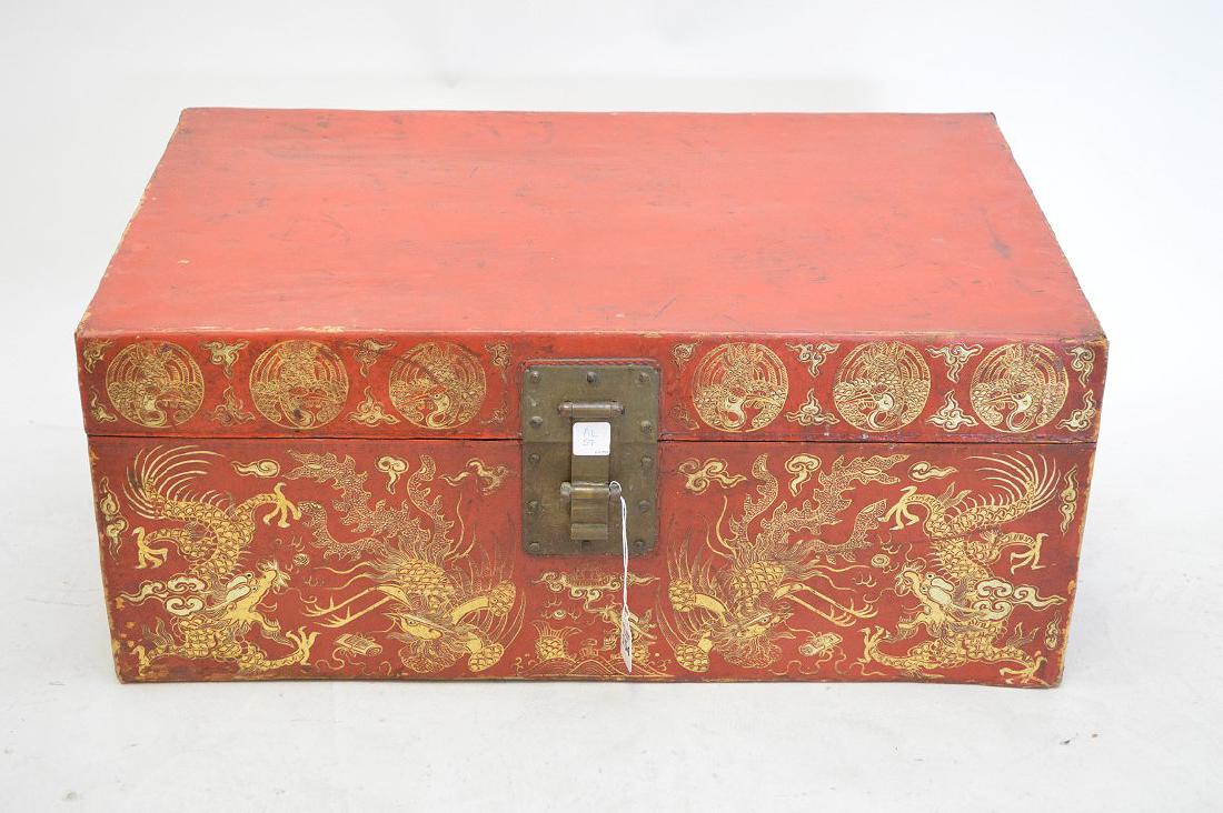 Vintage Chinese Painted & Gilded Pigskin Trunk - Red (1 of 5)