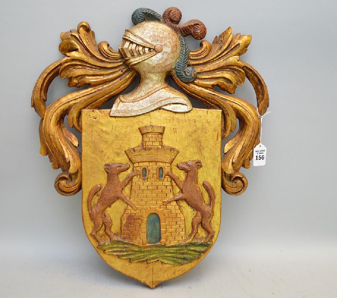 Gilt & Painted Carved Wood Coat of Arms Crest - (1 of 4)