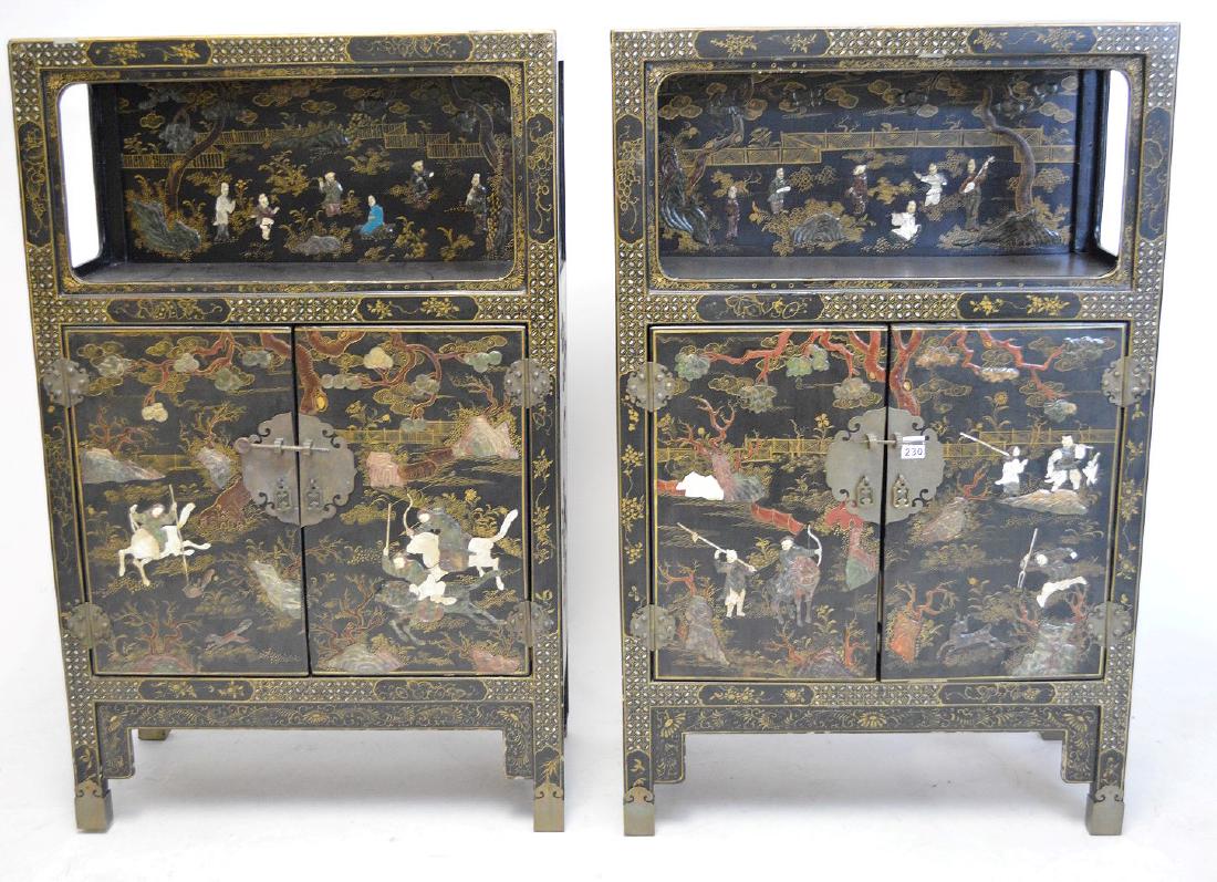 Pair 20th c. black lacquer chinoiserie design cabinets, (1 of 6)