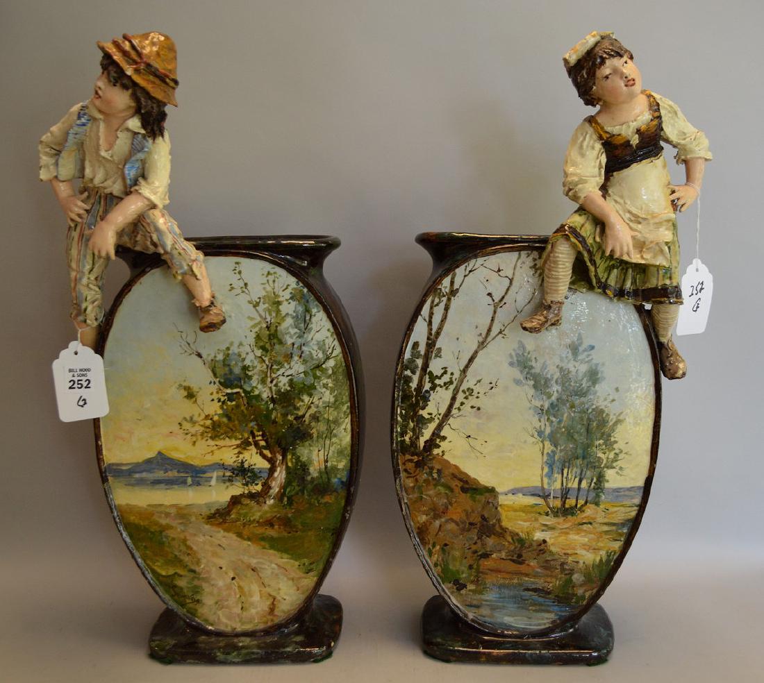 Pair of soft paste pottery vases with children and lake (1 of 11)