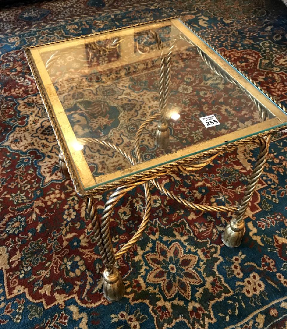Gilded tassel-form lamp table with glass top H. 16” W. (1 of 1)