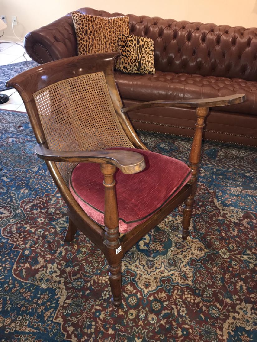 Mahogany Plantation-form chair with cane seat and back: Mahogany Plantation-form chair with cane seat and back Ht. 35” W. 25” D. 32”