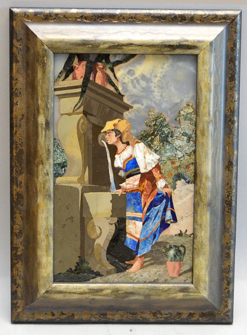 Framed Pietra Dura Plaque of Woman & Fountain - Inlaid (1 of 4)