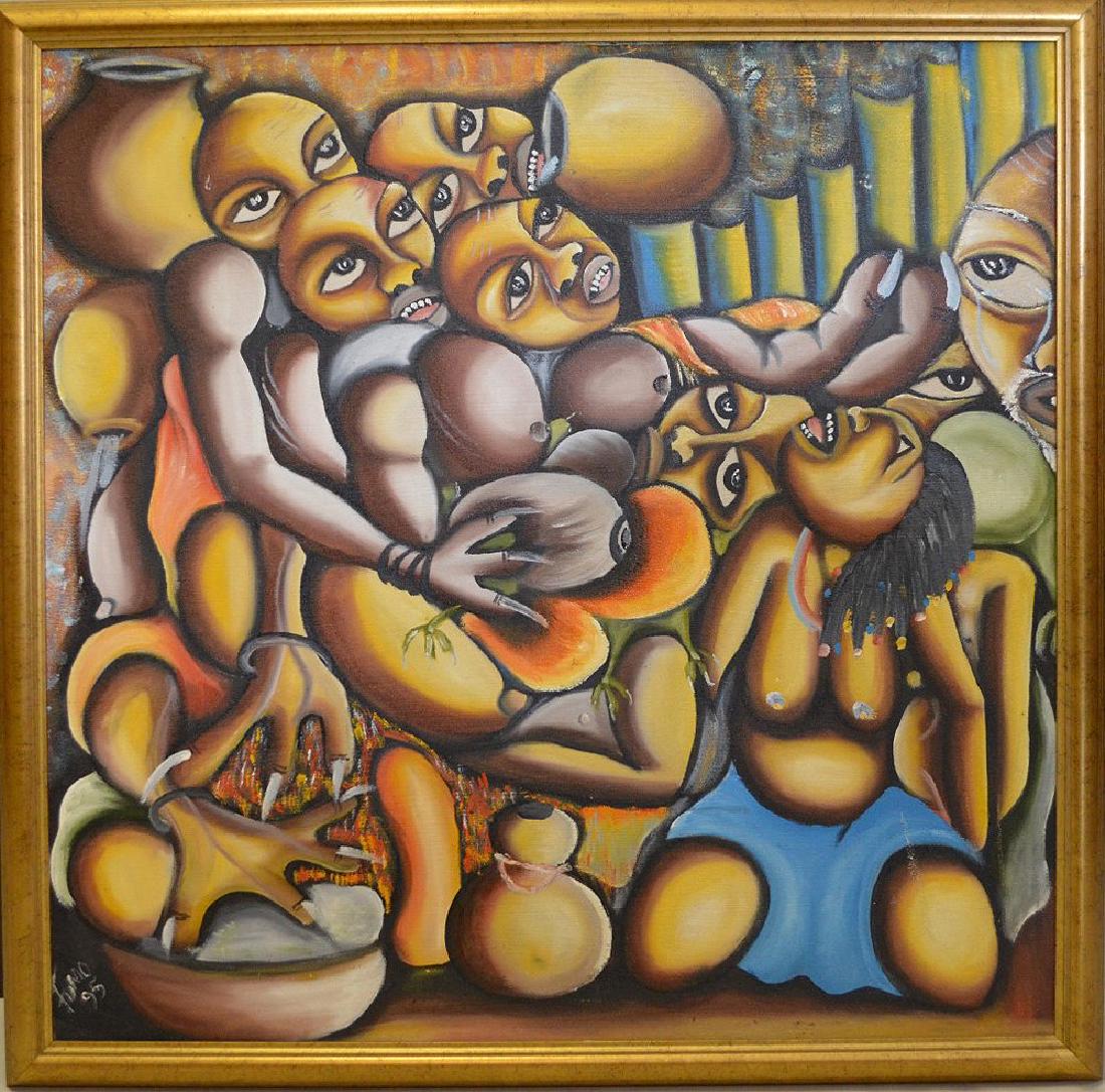 Haitian Painting. Oil on board. Vodoo Abstract Group.: Haitian Painting. Oil on board. Vodoo Abstract Group. indistinctly signed lower left. Dated '95, 40” x 40” overall including frame.