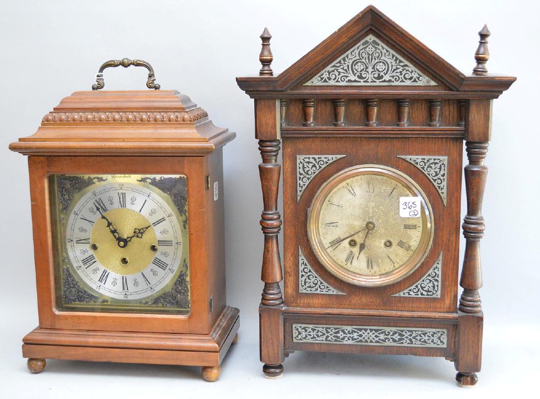 2 wood case mantle clocks, 1 stamped Germany on works (1 of 8)