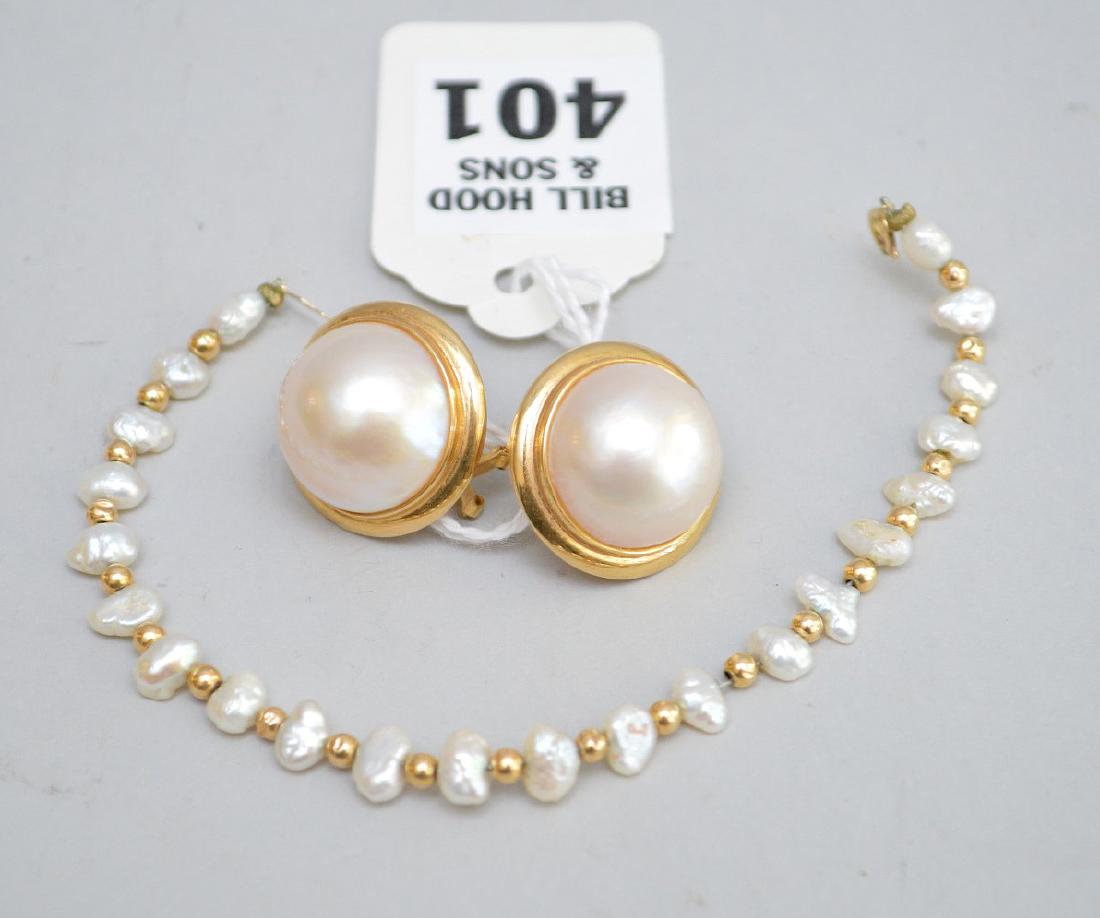 Pair mabe pearl earrings in 14kt frames along with (1 of 2)