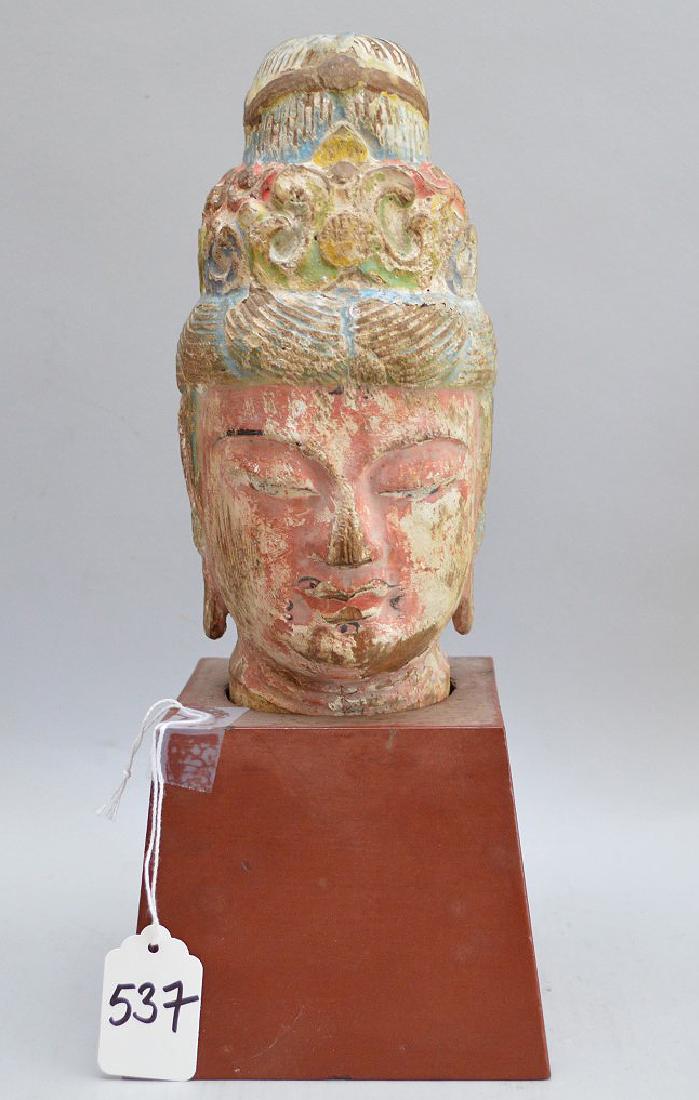 Early Chinese Polychrome Carved Wood Buddha Head - (1 of 6)