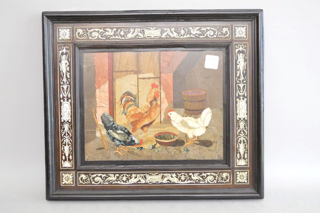 Ornate Inlaid Framed Pietra Dura Plaques of Chickens - (1 of 6)
