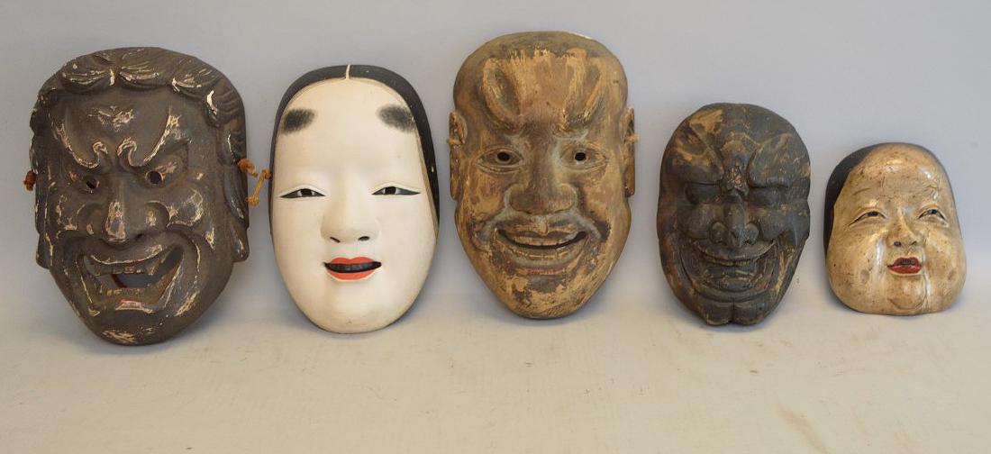Collection of Five Early Japanese Wood Face Masks - (1 of 8)