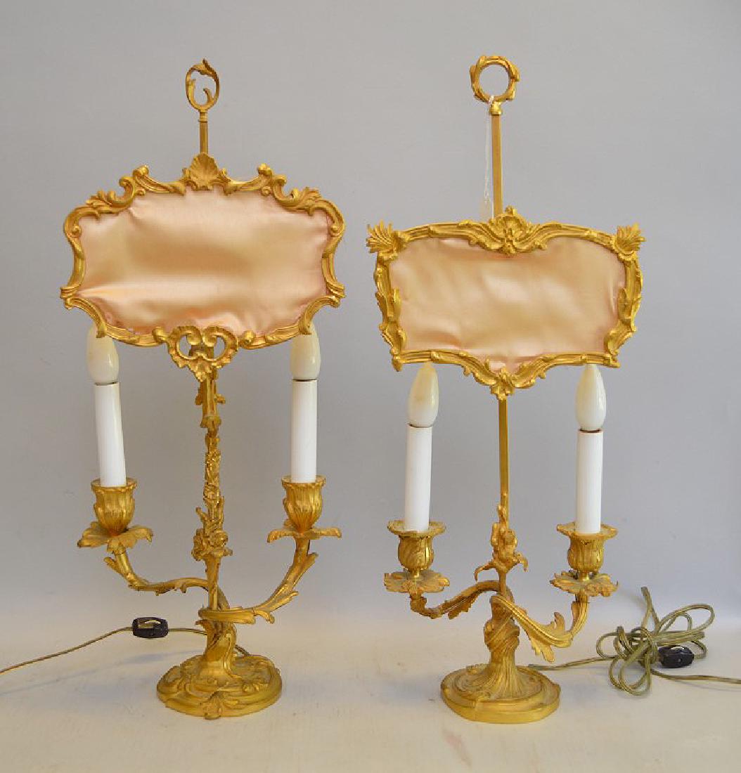 Pair of bronze ormolu double branch lamps with silk: Pair of bronze ormolu double branch lamps with silk shade/screen, 22"h