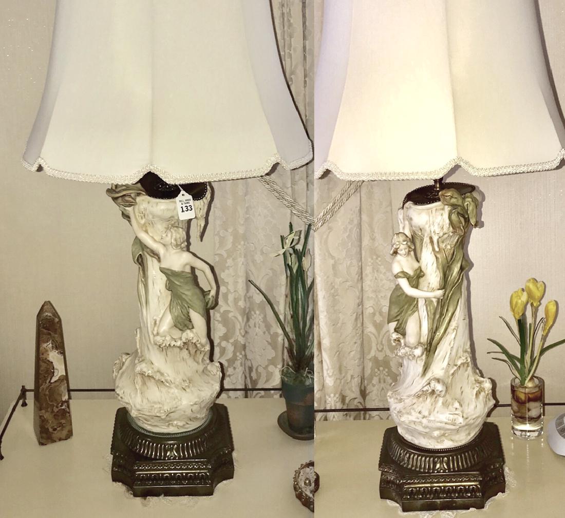 Pair of Royal Dux Art Nouveau-Form Nymph Porcelain: Pair of Royal Dux Art Nouveau-Form Nymph Porcelain Vases, each features a female beauty reaching towards a flower. Now electrified and mounted as lamps. Condition: Good and working, with no noticeable