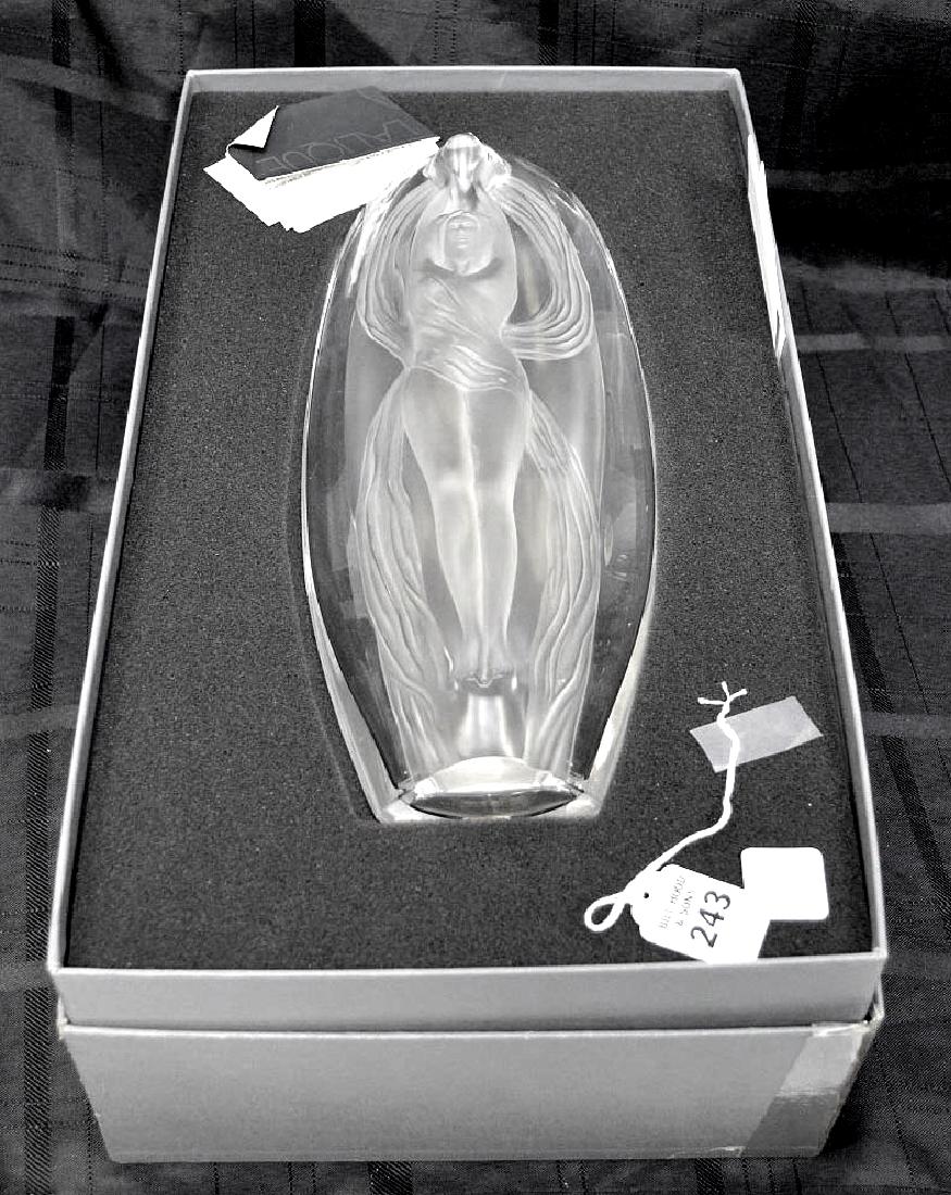 Lalique Frosted Clear Crystal Female Nude Vase -: Lalique Frosted Clear Crystal Female Nude Vase - includes original box and information booklets, as well as original Lalique Paris sticker on vase. Frosted in the front, clear on the back. Condition: 