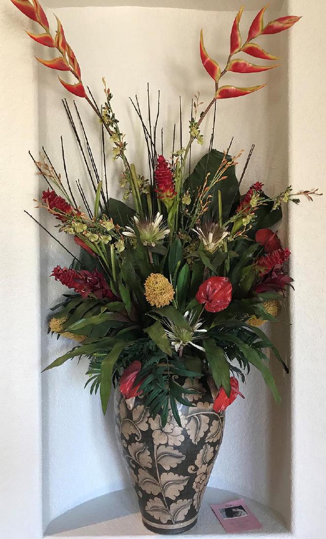 Pair Pottery decorative vases with floral arrangements, (1 of 8)