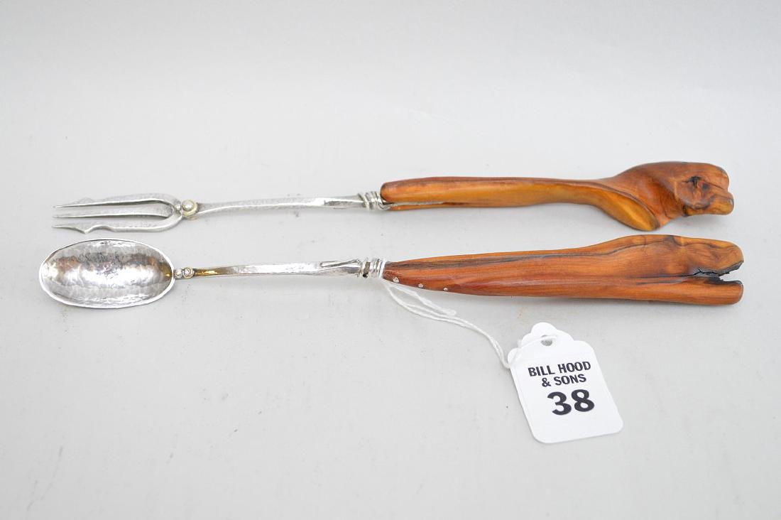 English Sterling Fork & Spoon each with root wood (1 of 3)