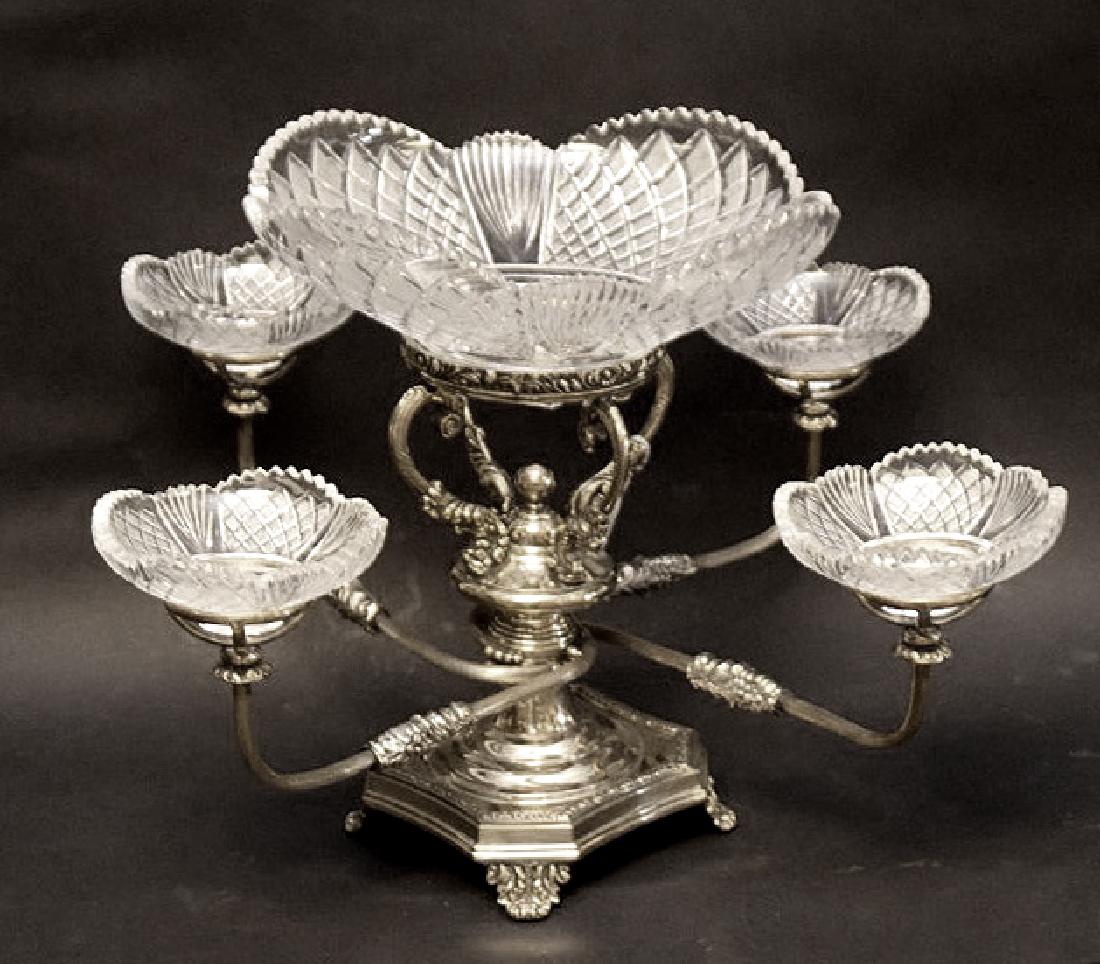 Brass framed Epergne, 1 large crystal dish surrounded (1 of 5)