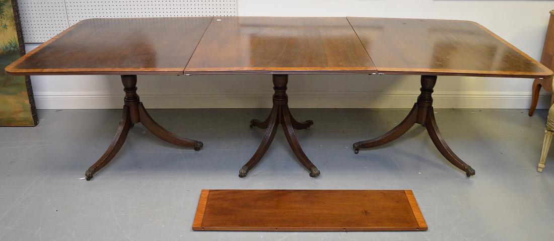 Triple pedestal mahogany banded inlay dining table (1 of 7)