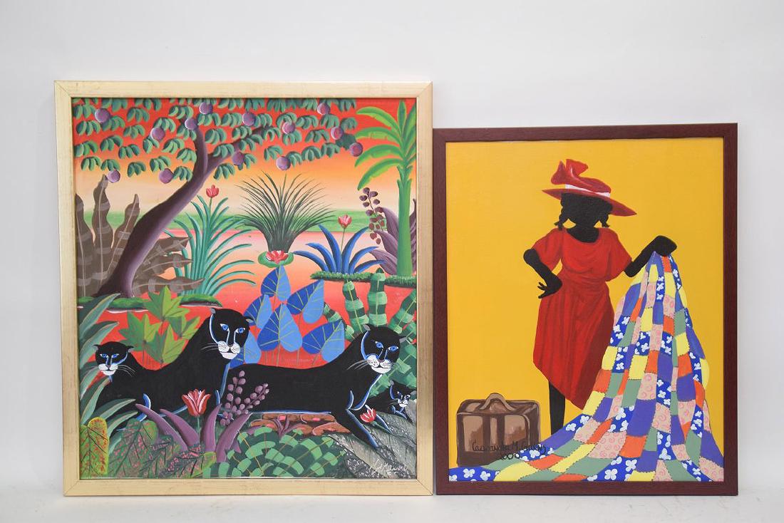 2 Haitian Paintings; M. Maribaut oil on canvas black: 2 Haitian Paintings; M. Maribaut oil on canvas black panthers, 20 x 22 inches, sold with Lady with quilt by Cassandra Gillens 2000 16 x 20 inches