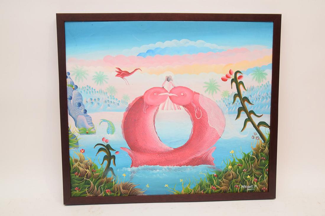Haitian Painting signed M. Meyant oil on canvas, Pink: Haitian Painting signed M. Meyant oil on canvas, Pink Dolphins, 21 x 18 inches