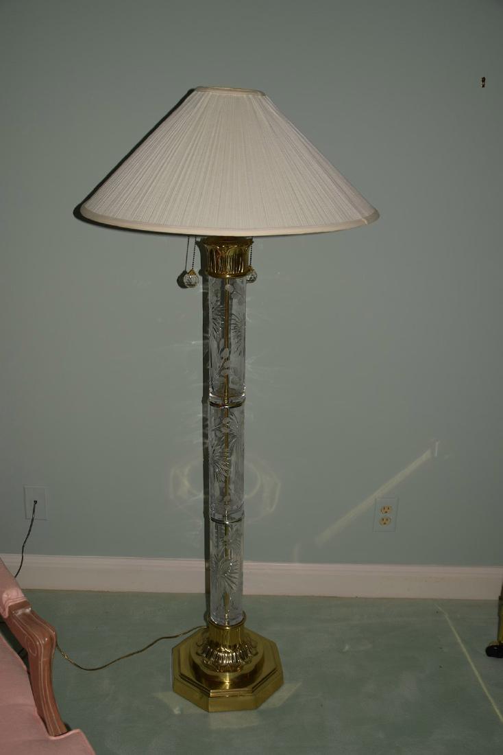 Floor lamp, cut & etched glass, brass top & base, 57"h (1 of 3)