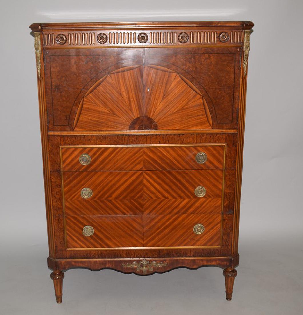 Mahogany and burled wood chest with fall front, fitted (1 of 7)