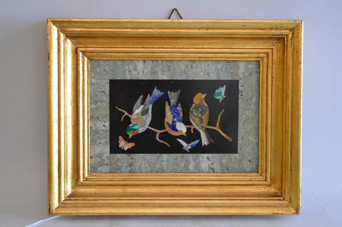 Framed Pietra Dura Plaque depicting three birds on a (1 of 5)