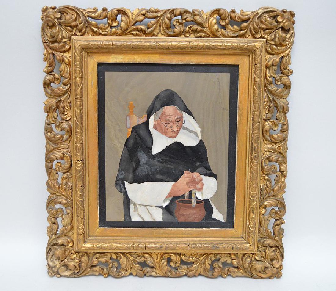 Pietra Dura Plaque Depicting A Nun. Condition: good: Pietra Dura Plaque Depicting A Nun. Condition: good with no noticeable damage. 15" x 13 3/4" including the frame.