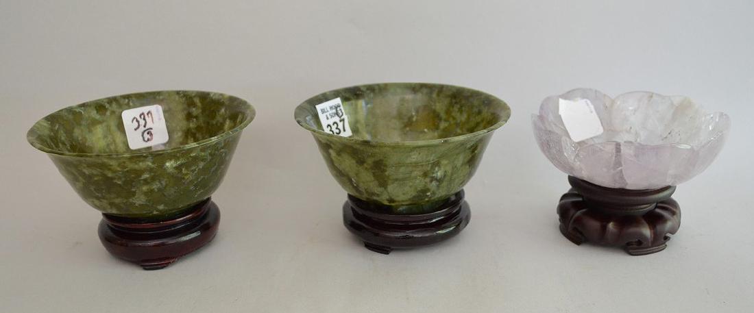 3 Chinese articles; 2 Jadite cups and pink quartz leaf (1 of 7)