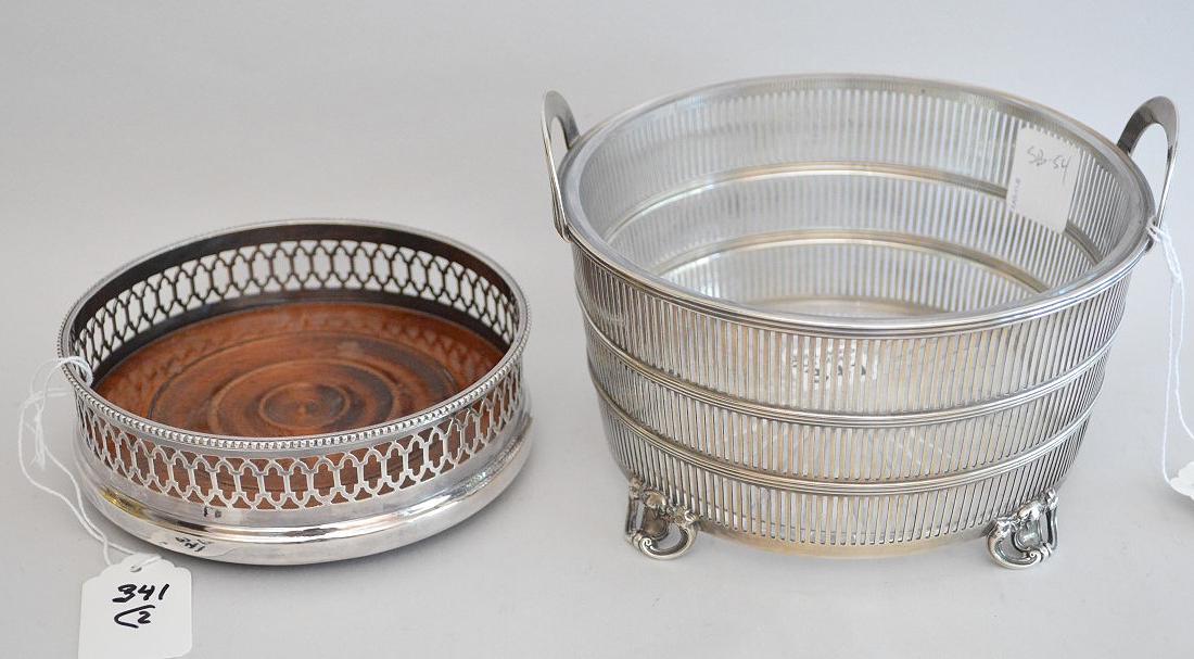 English footed sterling wine coaster and sterling ice: English footed sterling wine coaster and sterling ice bucket with glass liner (4 1/2"h)