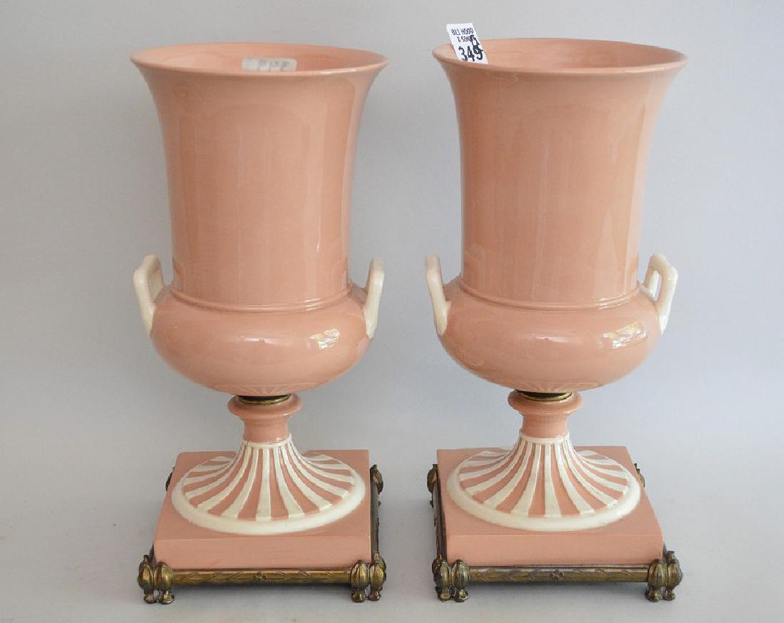 Pair of pink porcelain urn shaped vases on brass footed (1 of 8)