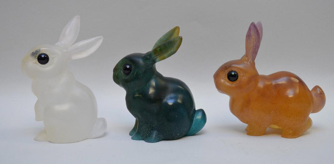 3 signed Daum France multi colored art glass bunnies,: 3 signed Daum France multi colored art glass bunnies, 5in. x 5in.