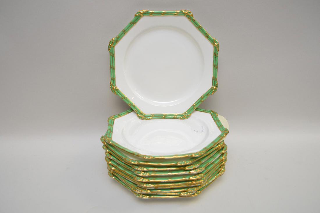 11 Royal Crown Derby - Tiffany & Co. NY. 8-3/4 inch: 11 Royal Crown Derby - Tiffany & Co. NY. 8-3/4 inch plates, Octagonal with green & gold trim