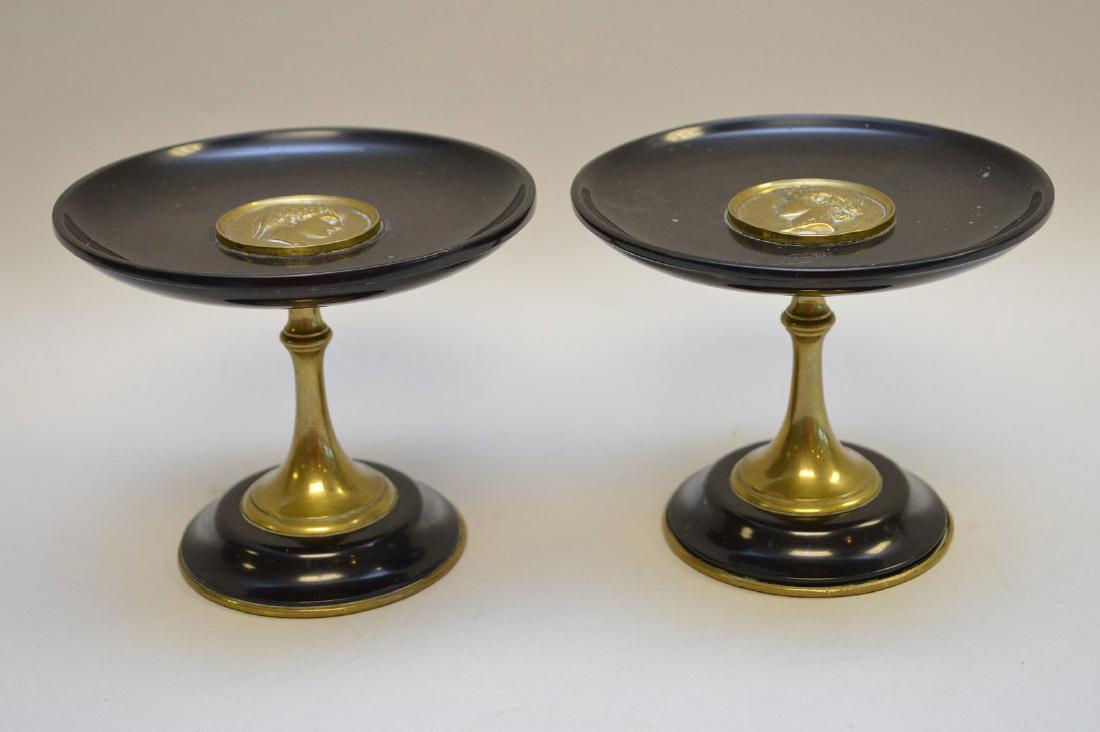 French antique tie backs, marble and brass w/ figural: French antique tie backs, marble and brass w/ figural center, 4.5 in. diameter 4 inches tall