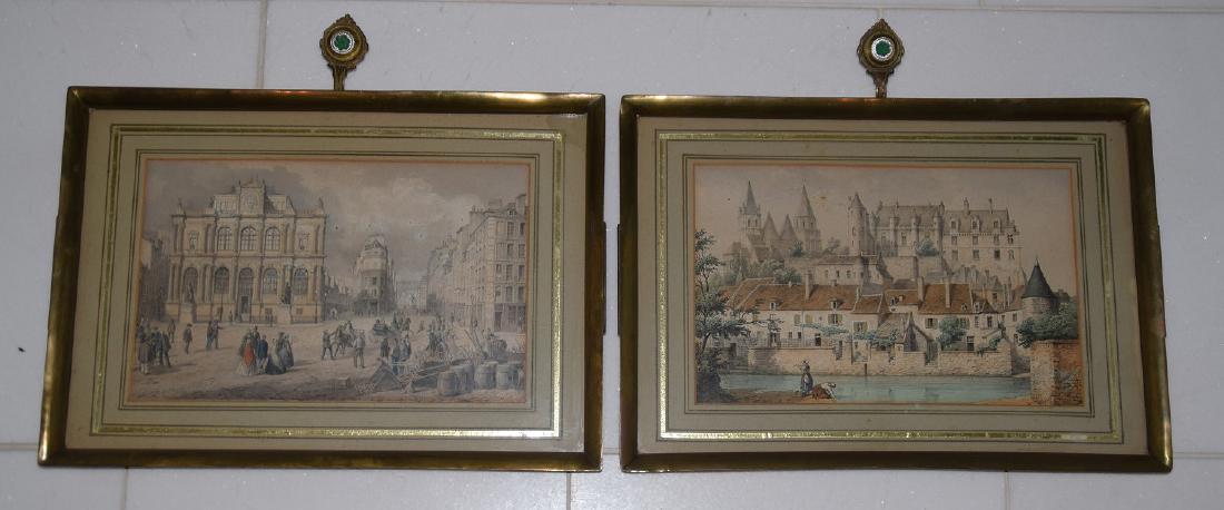 Pair of Antique brass framed castle etchings, frames: Pair of Antique brass framed castle etchings, frames 10.5 inches x 15 inches