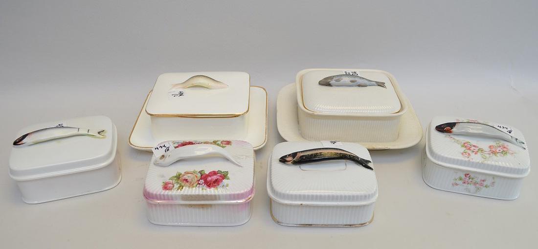6 covered porcelain sardine boxes, 3"h x 5"w to 8"h x (1 of 6)