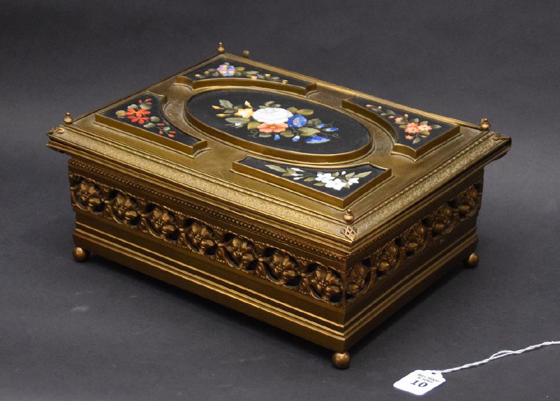 LARGE GILT METAL & PIETRA DURA BOX with five panel top. (1 of 11)
