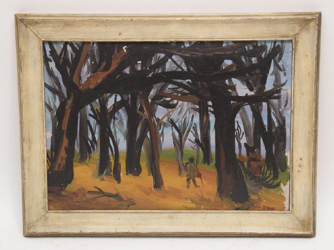 Ben Benn (American 1884 – 1983) Oil on artists’ board: Ben Benn (American 1884 – 1983) Oil on artists’ board Depicting a figure with walking stick amongst dark trees in forest-like setting in hues of blue, green, yellow and black. Signed lower right,