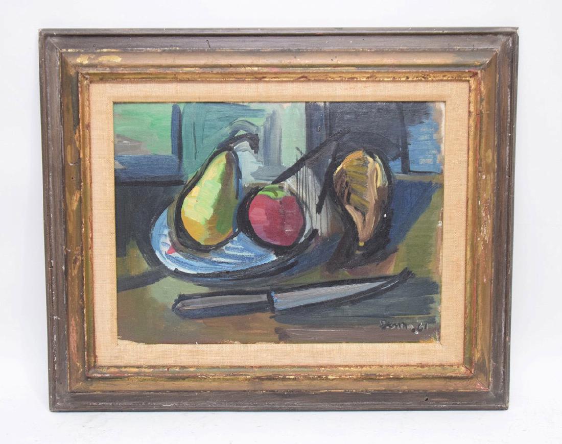 Ben Benn (American 1884 – 1983) Still life with Fruit,: Ben Benn (American 1884 – 1983) Still life with Fruit, Oil on artists panel, depicts still life with fruit and knife on table, objects outlined in black. Signed and dated lower right, “Benn 61”