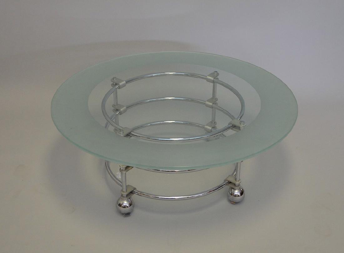 Chrome & glass coffee table, "Jay Spectre", 16"h x 42"d: Chrome & glass coffee table, "Jay Spectre", 16"h x 42"d (frosted glass top)