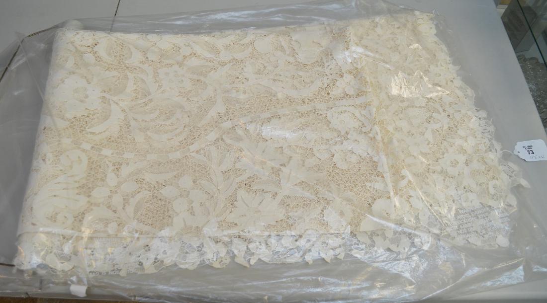 Handmade antique lace cloth, ecru color and wide lace: Handmade antique lace cloth, ecru color and wide lace border, approx. 9'3" x 6'