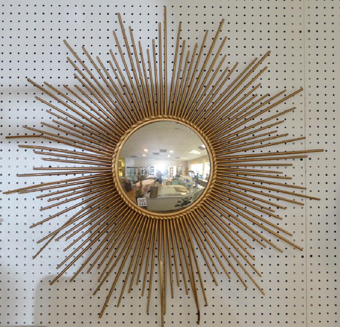 French style Chaty Vallauris mirror, metal rays: French style Chaty Vallauris mirror, metal rays surrounding convex mirror (4 bent and chipped), 39 3/4"h x 39"w