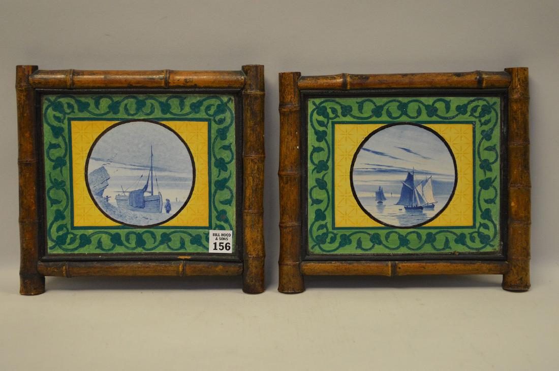 Pair bamboo framed Dutch tiles, 10"h x 10 1/2"w (1 of 4)
